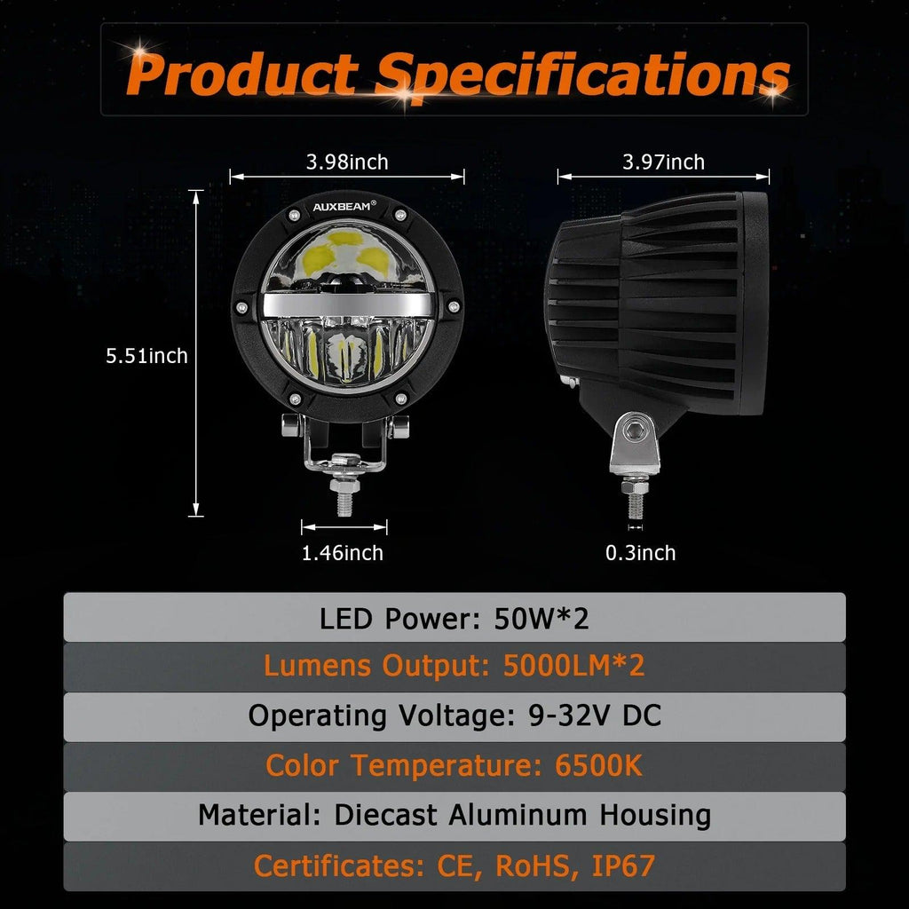 4 Inch 110W Round OFF Road LED Pod Lights Combo Beam With Wiring Harness - AUXBEAM INDIA