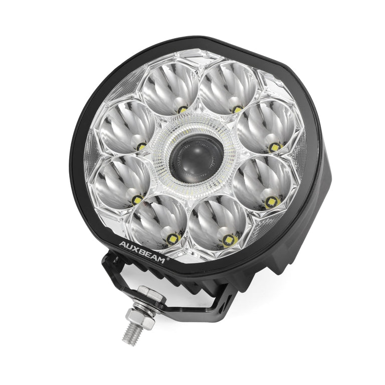 Auxbeam 360 Ultra 6-inch 132W round LED driving light with eight spot LEDs and center projector lens