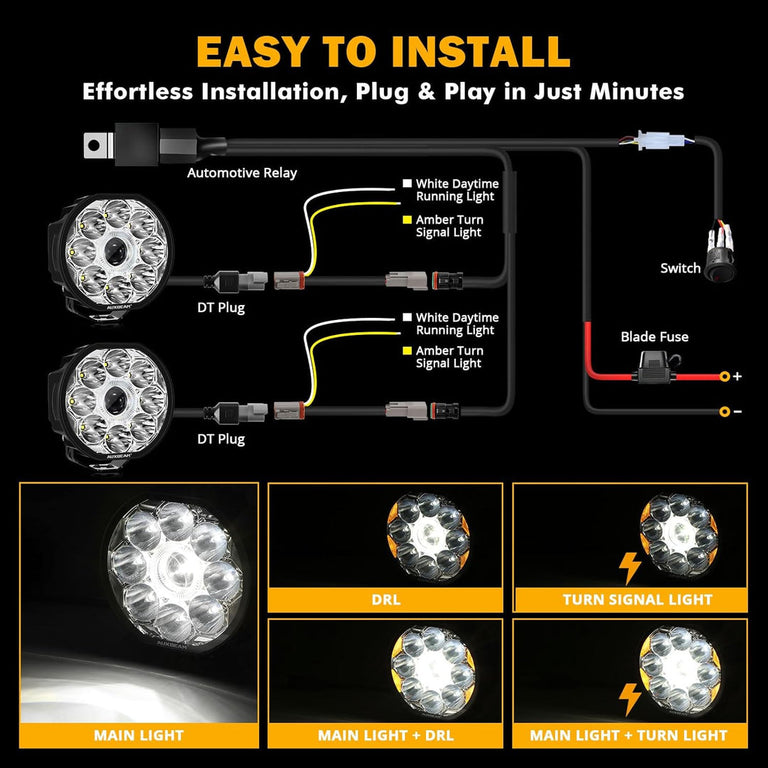 Auxbeam 360 Ultra 6-inch LED light wiring diagram with DT plugs, relay, switch and blade fuse, plus five lighting modes