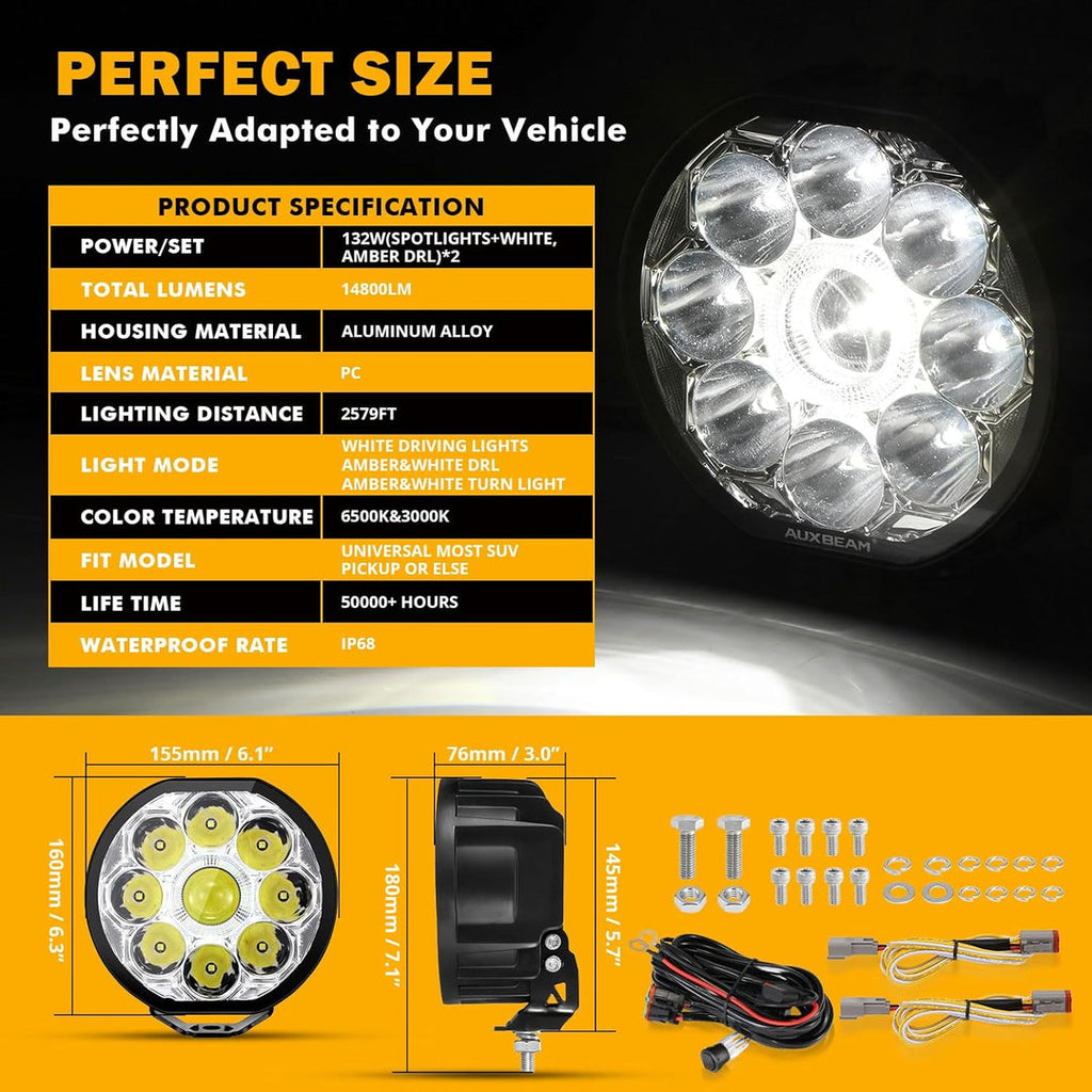 360-Ultra Series 6 Inch 132W Led Spot Driving Light Off Road Lights | White DRL & Amber Light