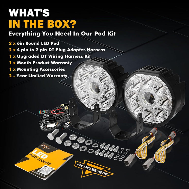 What’s in the box: two Auxbeam 360 Ultra 6-inch LED pods, DT harness, adapter cables and mounting hardware