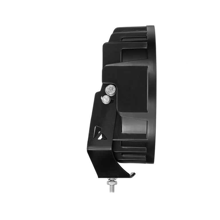 Side view of the Auxbeam 360 Ultra LED driving light with adjustable mounting bracket and bolt