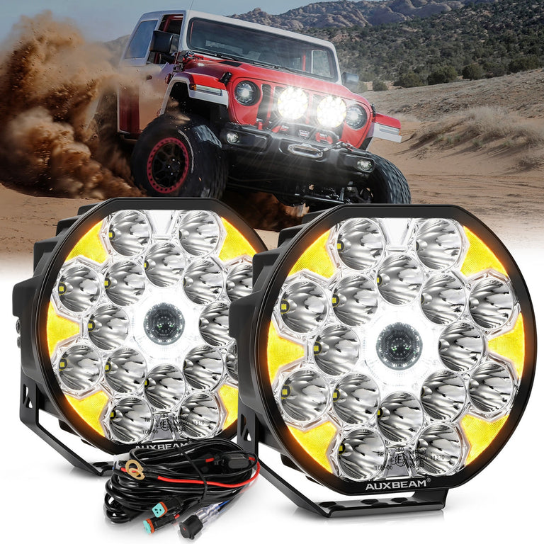 Pair of Auxbeam 360 Ultra 8.5-inch 220W round LED driving lights with amber DRL ring and wiring harness