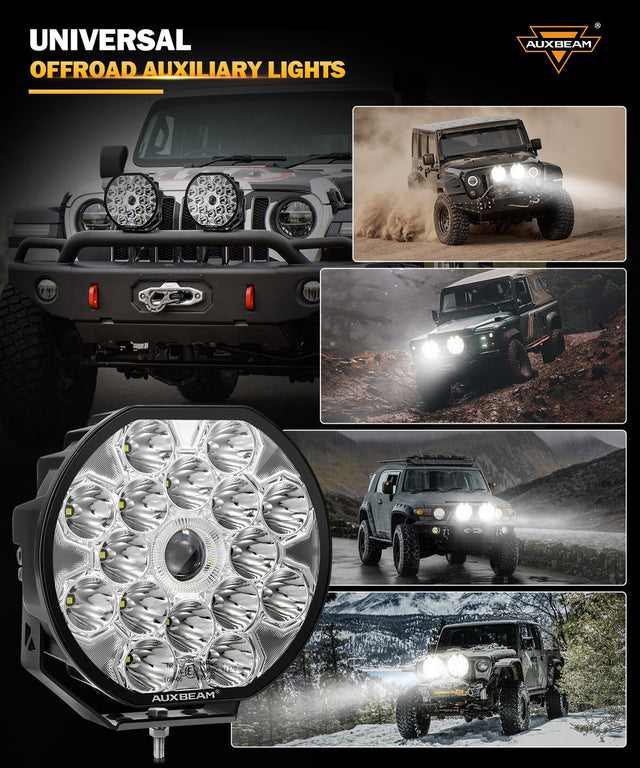 Auxbeam 360 Ultra 8.5-inch round LED lights fitted on Jeeps and 4x4s driving on dirt, mud, rain and snow