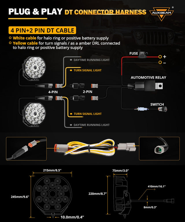 Auxbeam 360 Ultra DT connector wiring diagram with 215 x 245 mm light dimensions