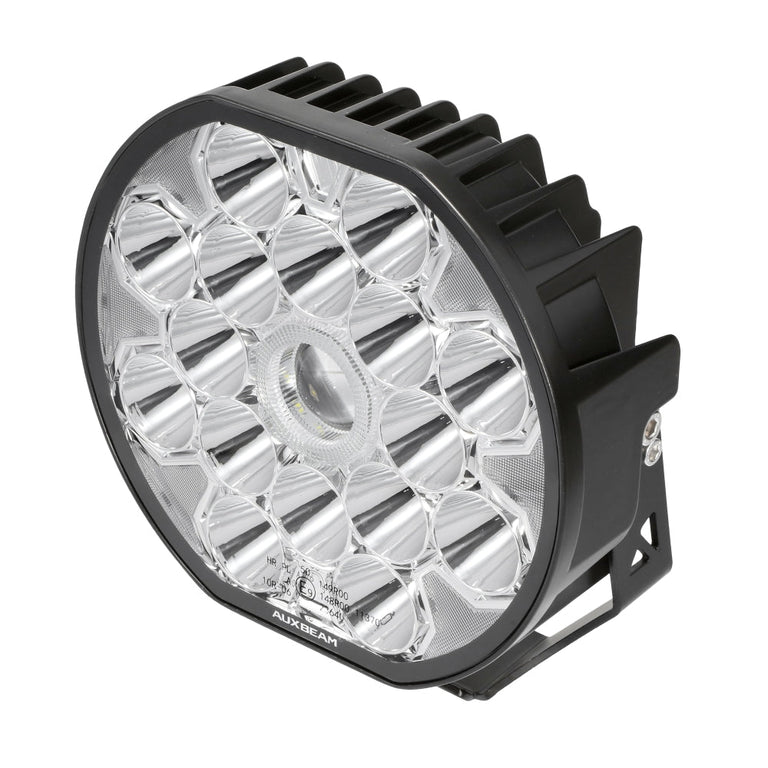 Auxbeam 360 Ultra 8.5-inch 220W round LED driving light with cooling fins on a white background