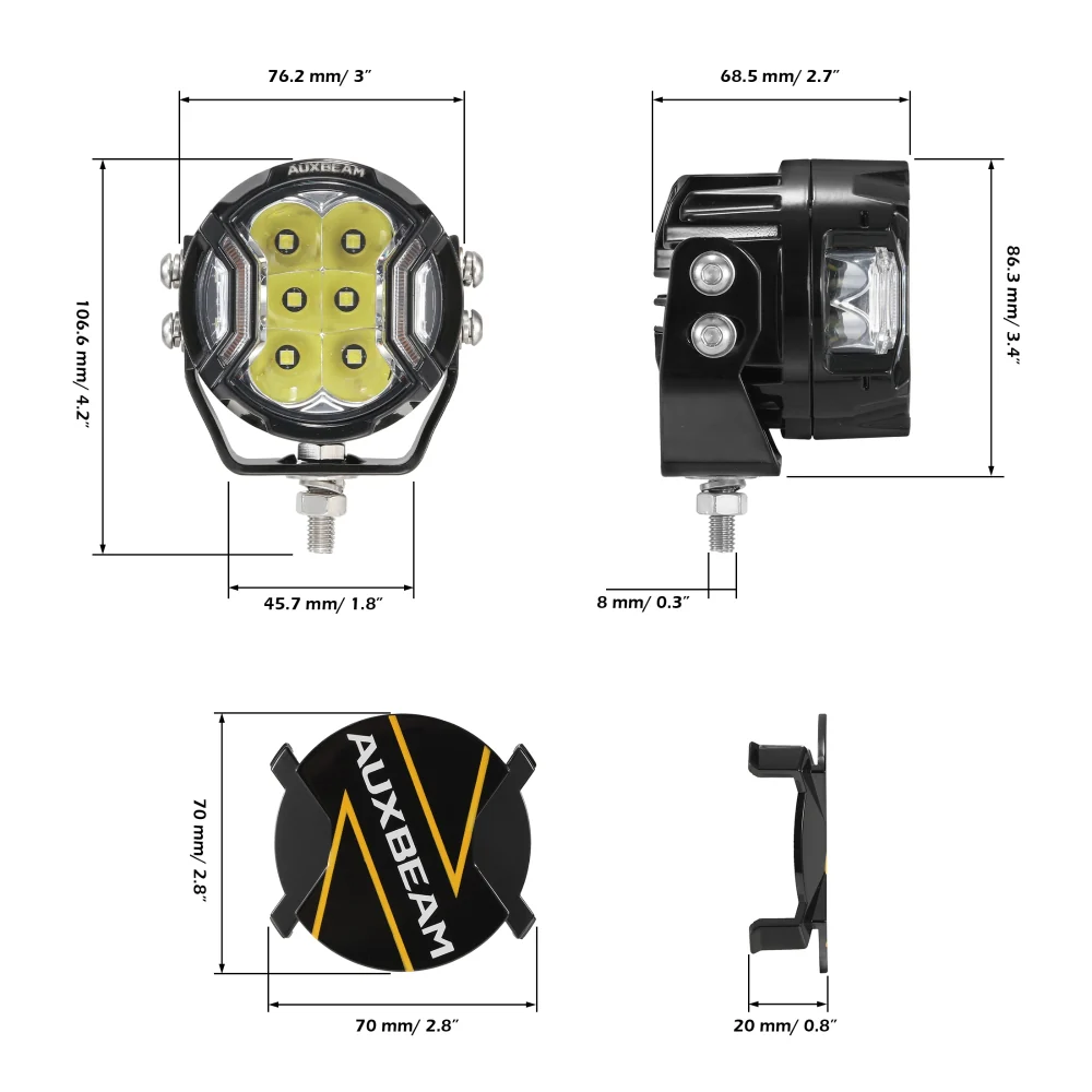 3 Inch 108W LED Side Shooter White & Amber With Additional Power Harness