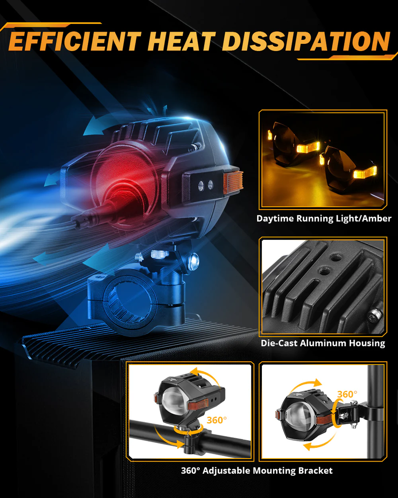 3 Inch Motorcycle Spotlight Bi-LED Projector Lens 120W Dual Color Switchback 3+5 Light Modes [MT8}
