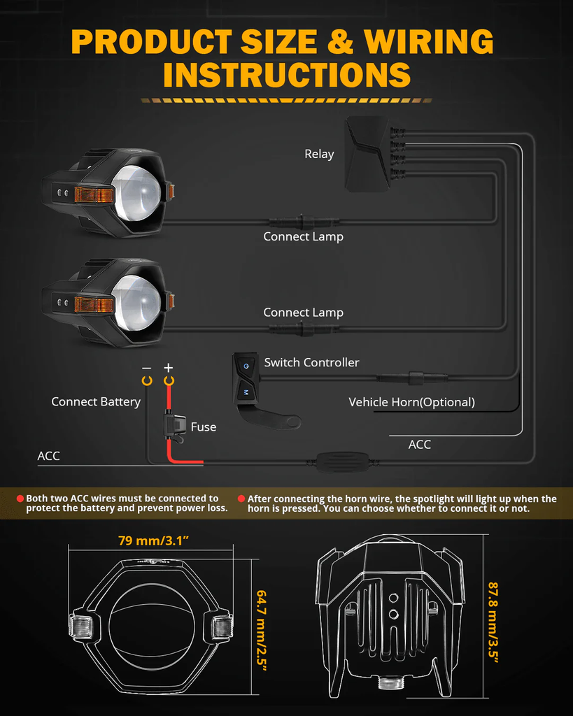 3 Inch Motorcycle Spotlight Bi-LED Projector Lens 120W Dual Color Switchback 3+5 Light Modes [MT8}