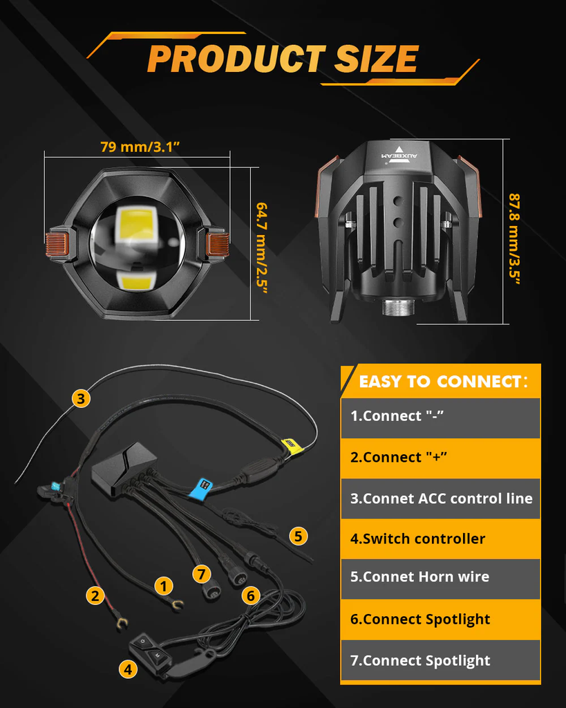3 Inch Motorcycle Spotlight Bi-LED Projector Lens 120W Dual Color Switchback 3+5 Light Modes [MT8}