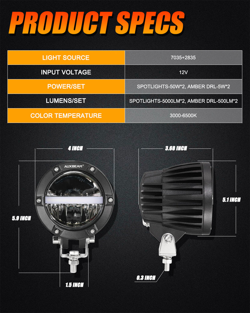 4 Inch 110W Round OFF Road LED Pod Lights Combo Beam With Additional Power Harness
