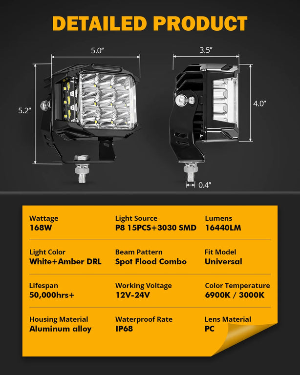 5 Inch 168W 16440LM Side Shooter LED Pod Lights With Amber DRL