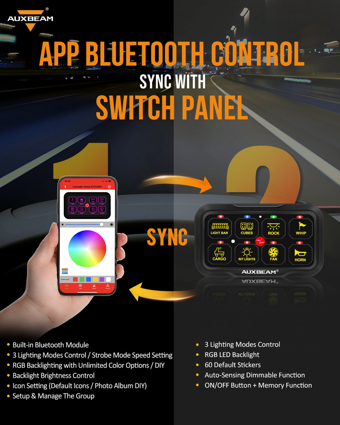 Auxbeam Gang Switch Panel GA80 Universal Circuit Control Relay System Automatic Dimmable LED On-Off Switch Pod Touch Control Panel Relay Box for Car - 3
