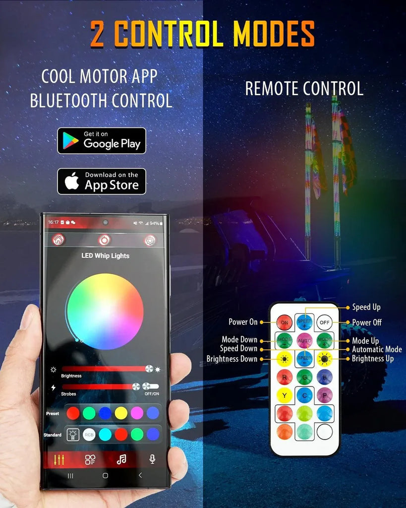 New LED RGB Whip Lights with Turn Signal & Brake Light With Bluetooth App Control