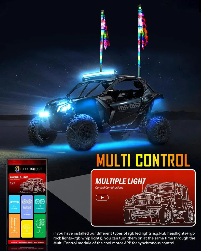 New LED RGB Whip Lights with Turn Signal & Brake Light With Bluetooth App Control