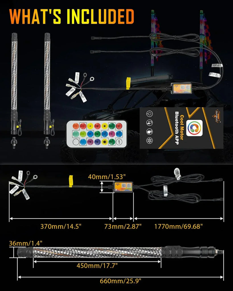 New LED RGB Whip Lights with Turn Signal & Brake Light With Bluetooth App Control