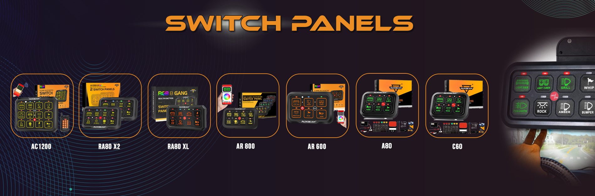 Auxbeam caravan switch panel range for 12V accessories