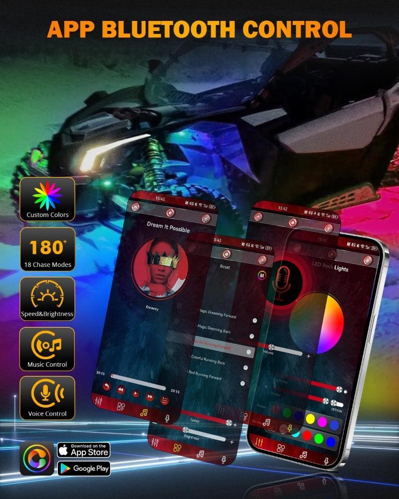 NEW VIBRANT SERIES | Upgraded RGB LED Rock Lights Kit Multicolor Neon Underglow Lights with Bluetooth APP & Remote Control