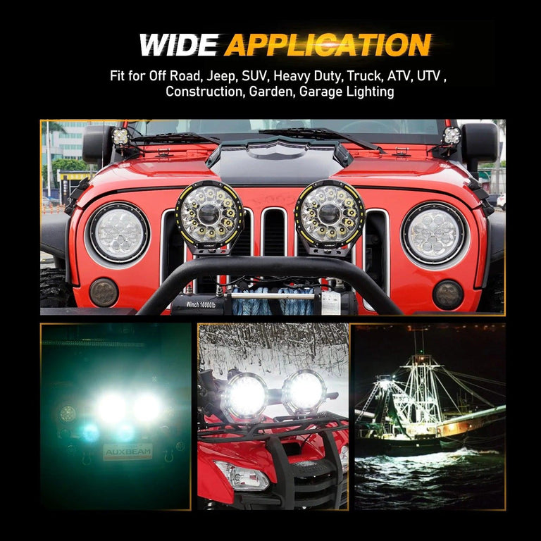 Auxbeam 7-inch 360-PRO LED lights fitted on a Jeep, ATV and boat for off-road, UTV, truck and marine use