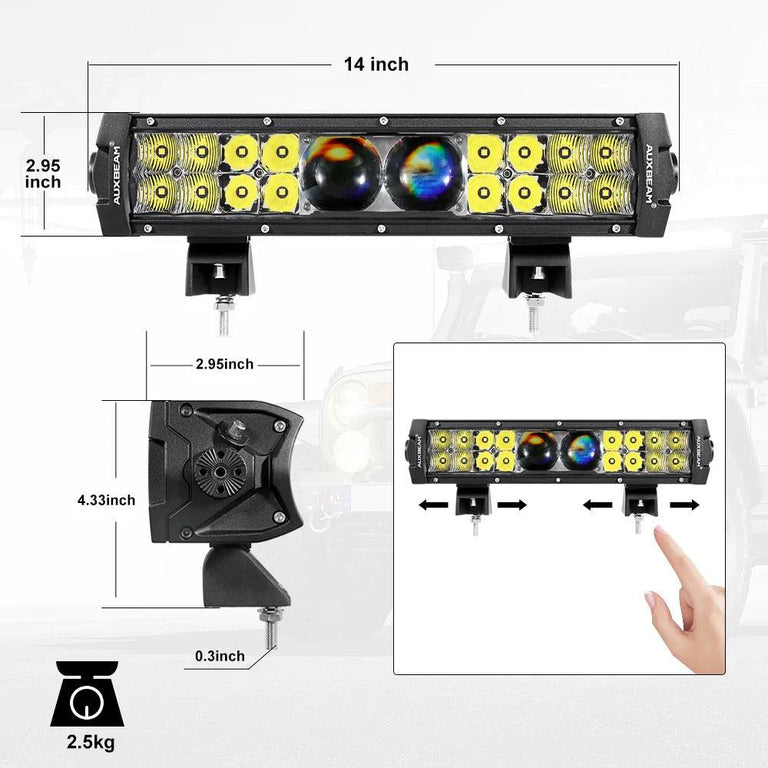 Dimension diagram of the 14-inch Auxbeam 5D-PRO light bar with sliding mounting brackets, weight 2.5 kg