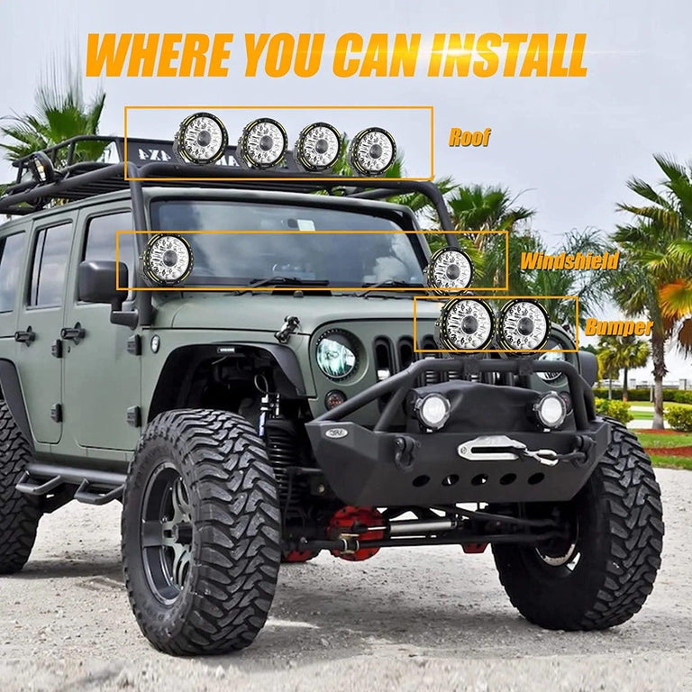 Auxbeam 7-inch 360-PRO LED lights shown mounted on a Jeep’s roof, windshield and bumper