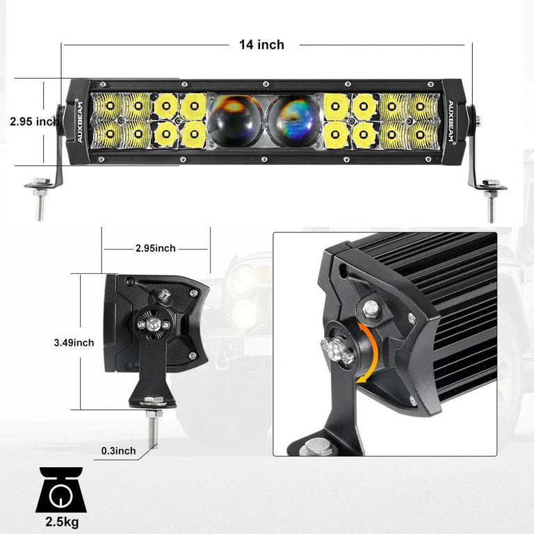 Dimension and tilt-bracket diagram of the 14-inch Auxbeam 5D-PRO light bar, 2.95 x 3.49 inches, 2.5 kg