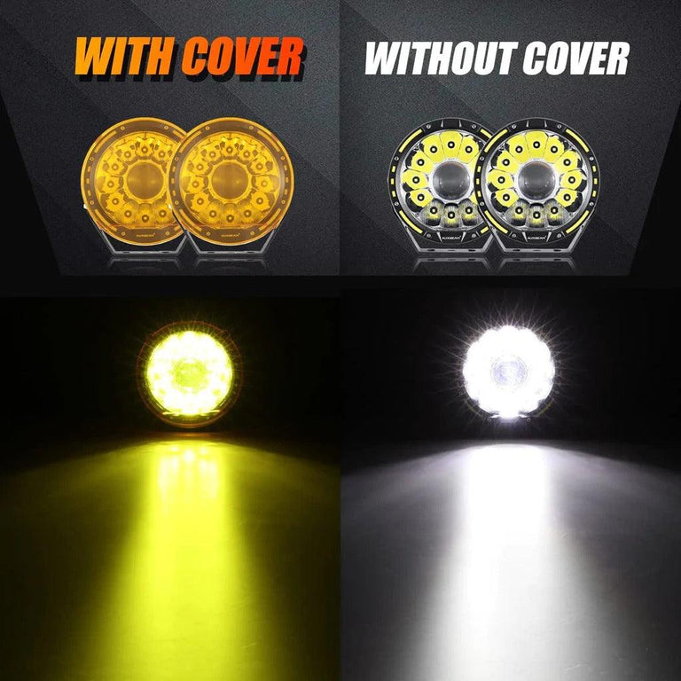 Auxbeam 7-inch 360-PRO LED lights with and without amber covers, showing yellow and white beams