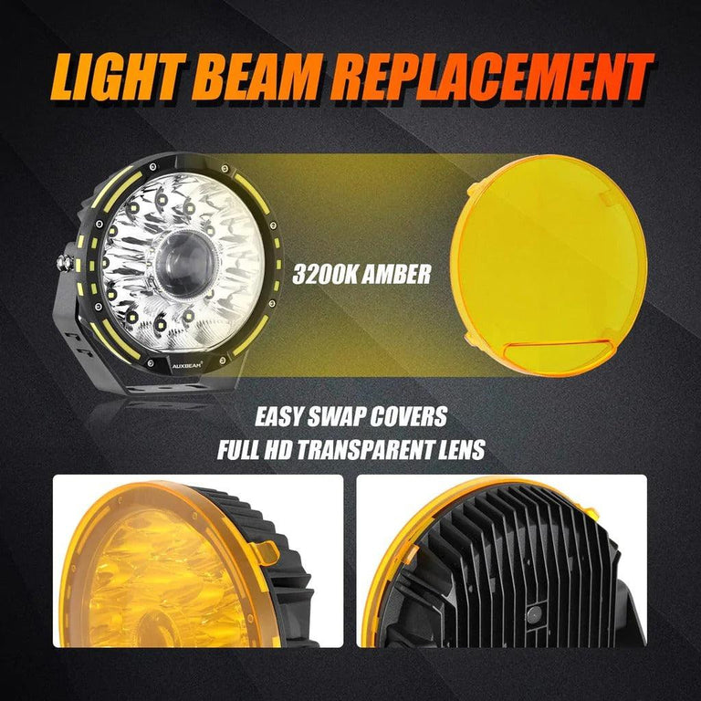 Auxbeam 7-inch 360-PRO LED light with a removable 3200K amber cover and clear lens