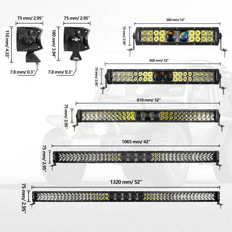 Size comparison chart of Auxbeam 5D-PRO light bars in 14, 22, 32, 42 and 52 inch lengths