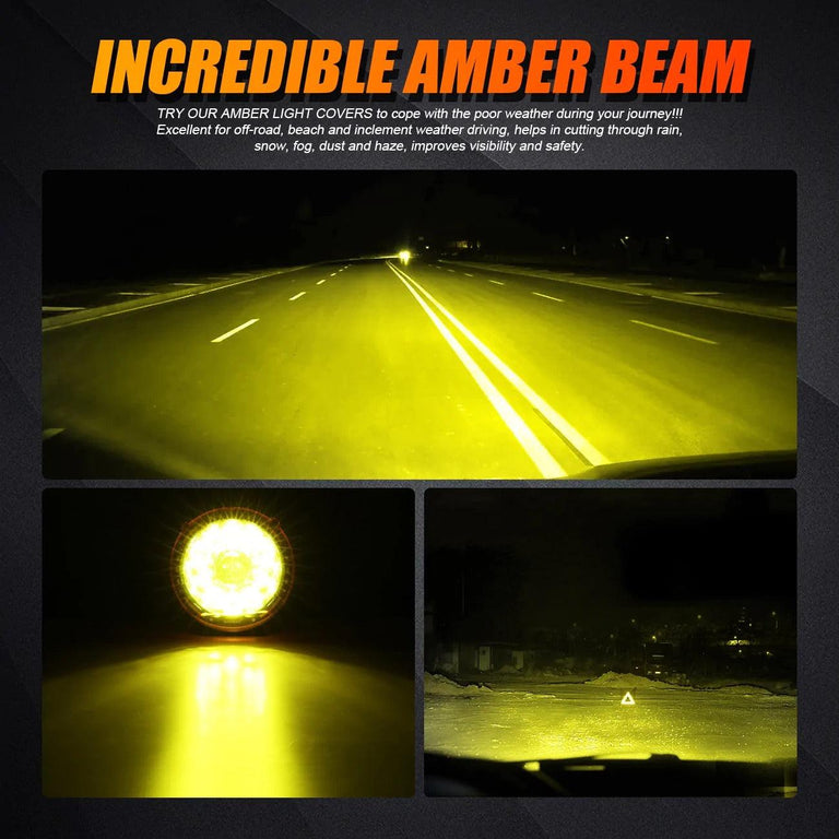 Amber beam from Auxbeam 7-inch LED lights with covers on a night road, for rain, fog, snow and dust