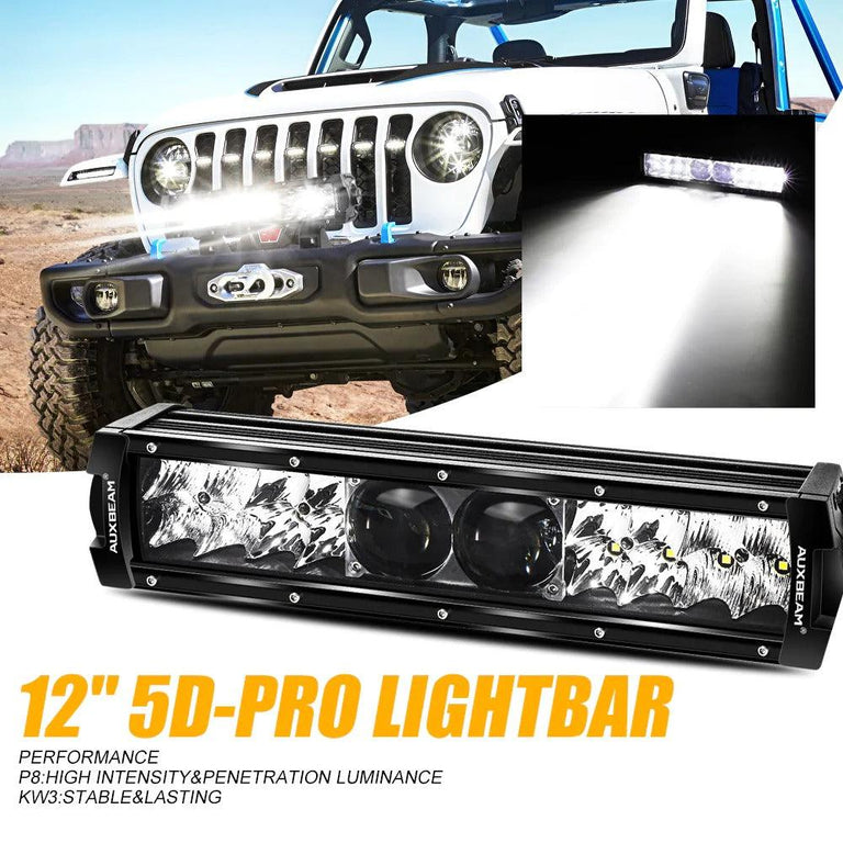 12-inch Auxbeam 5D-PRO LED light bar with spot beam shown on a white Jeep in the desert
