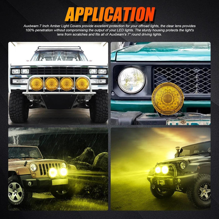 Auxbeam 7-inch amber light covers fitted on a truck, SUV and Jeeps in rain and dusk
