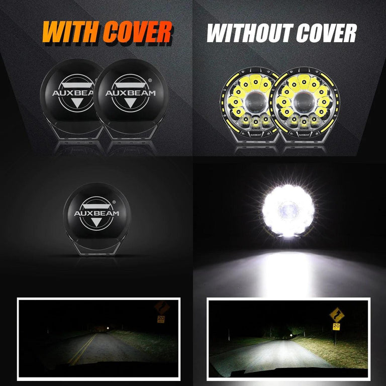 Auxbeam 7-inch LED lights with and without black covers, showing the covered lights off and the white beam