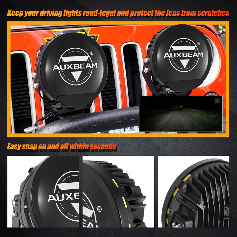 Black Auxbeam snap-on lens covers on an orange Jeep to protect 7-inch driving lights from scratches