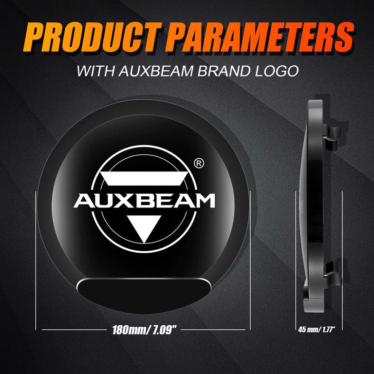 Black Auxbeam 7-inch light cover with logo, 180 mm diameter and 45 mm depth