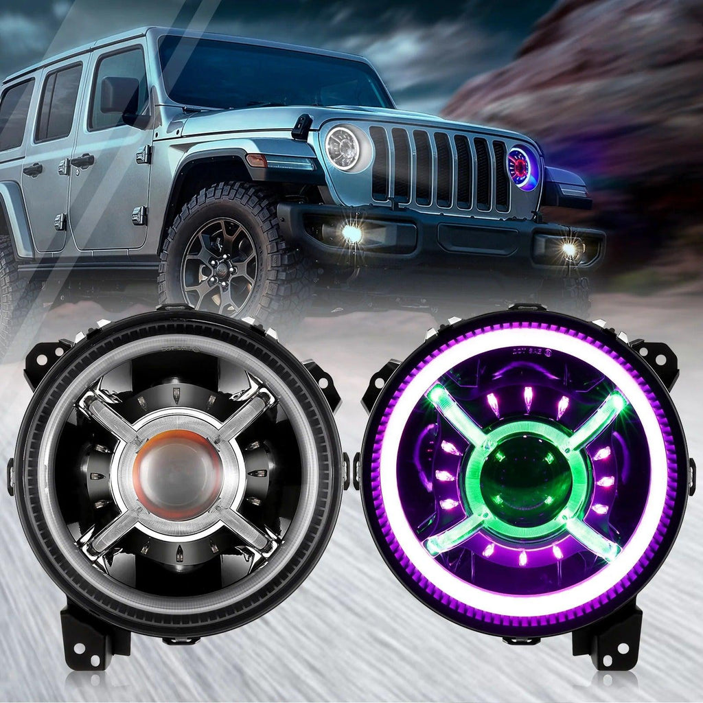 9 Inch RGB Headlights Replacement with Bluetooth Control and DRL for Jeep Wrangler