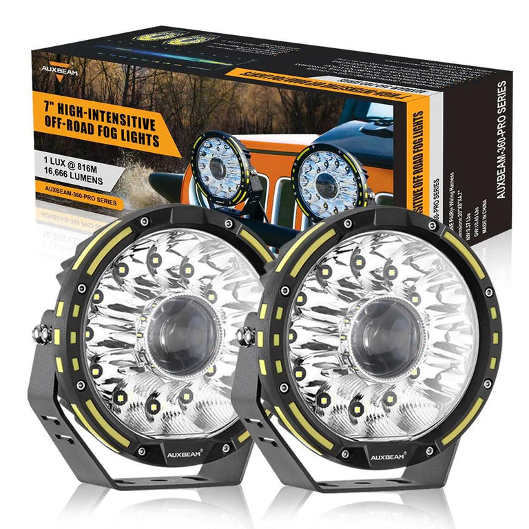 Auxbeam 7-inch 230W 360-PRO LED driving light pair with retail box, 16,666 lumens and 1 lux at 816 m