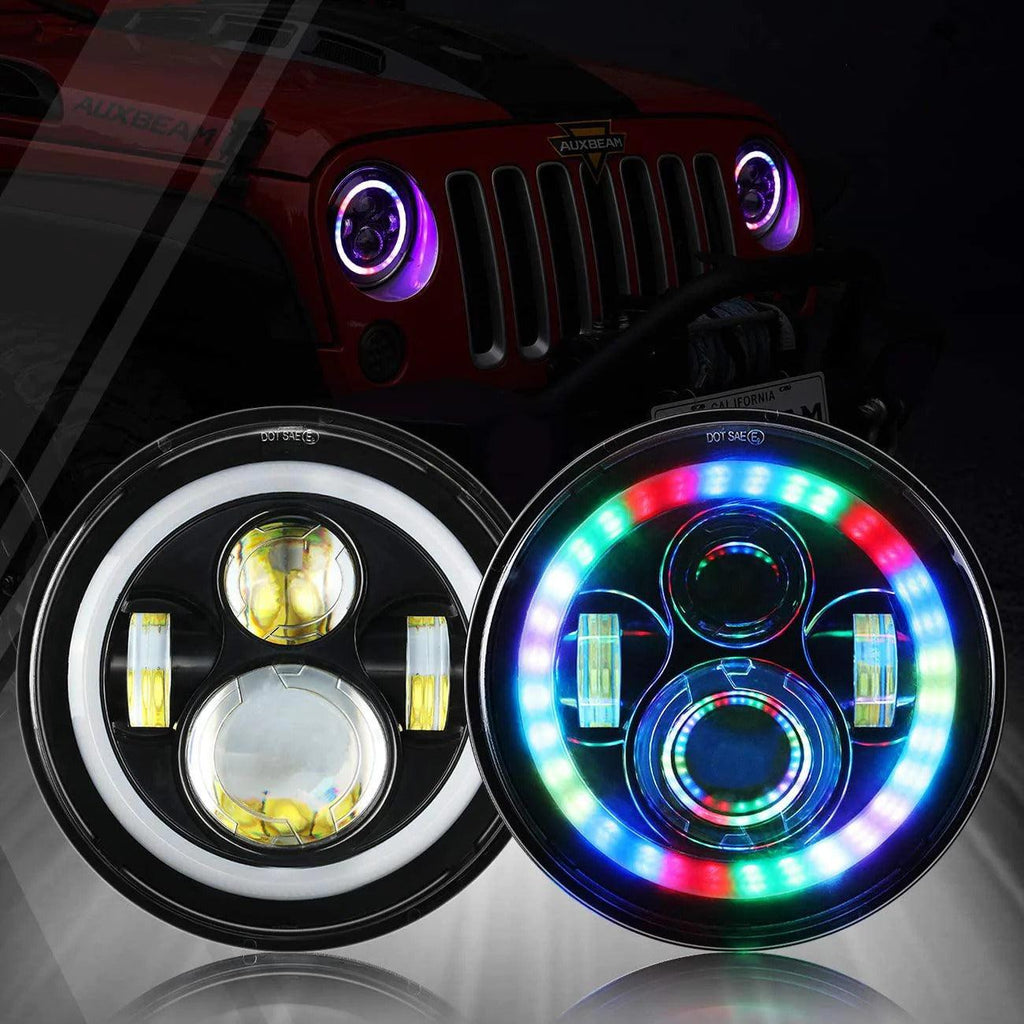 7 Inch 90W Round 4200 Lumens LED Headlight with RGB Halo Ring - AUXBEAM INDIA
