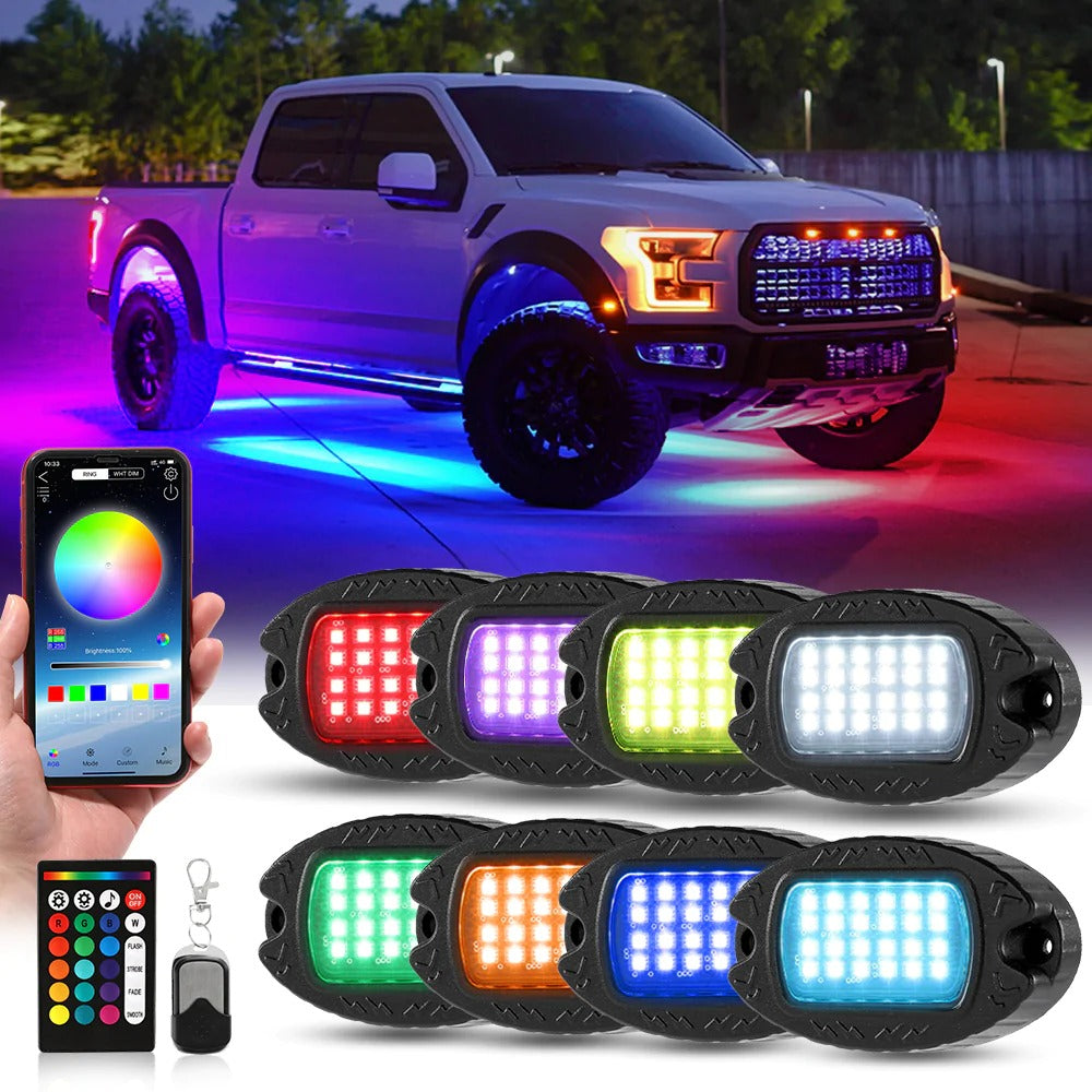 RGBW LED Rock Lights Kit With Bluetooth App & Wireless Remote Control, Multicolor Neon Underglow Lights