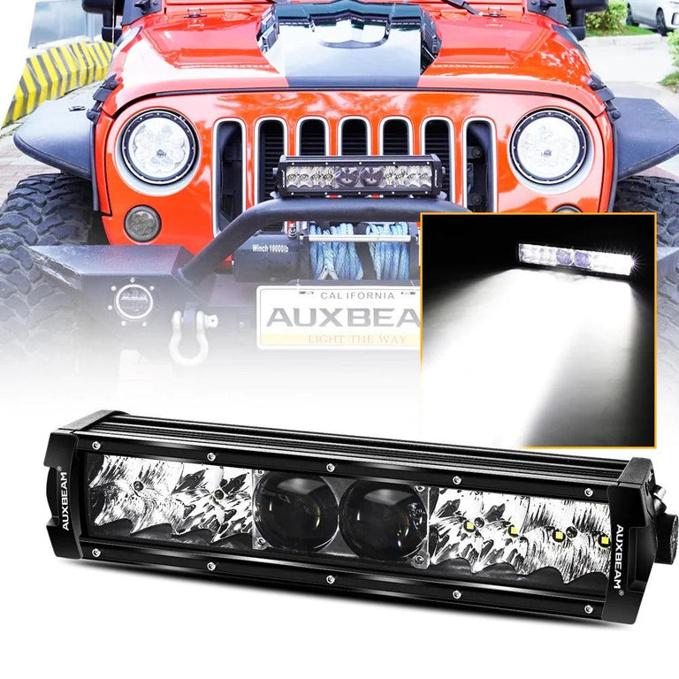 Auxbeam 5D-PRO LED light bar on an orange Jeep bumper with a close-up of its bright spot beam