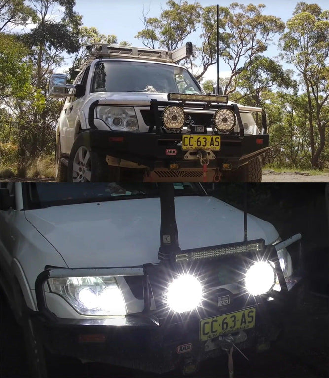 White 4x4 with Auxbeam 7-inch 360-PRO LED driving lights on a bull bar, shown by day and lit at night