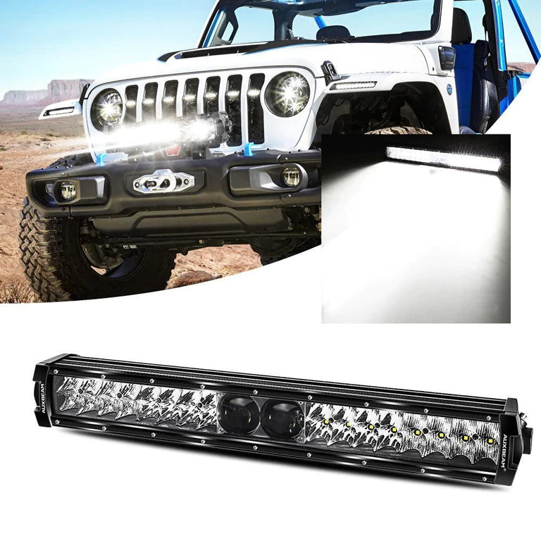 22-inch Auxbeam 5D-PRO LED light bar with its beam shown on a white Jeep front bumper