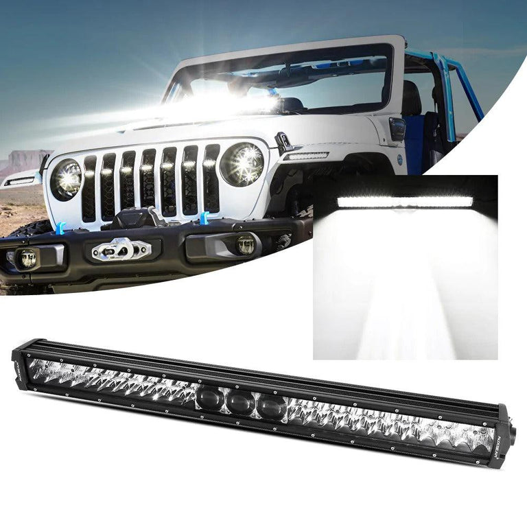 32-inch Auxbeam 5D-PRO LED light bar with its beam shown on a white Jeep