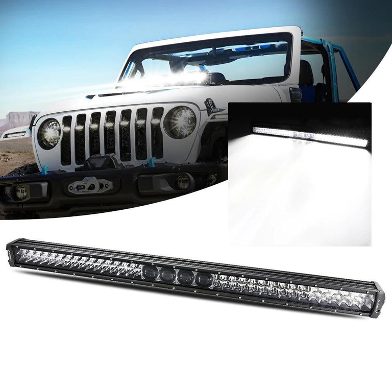 42-inch Auxbeam 5D-PRO LED light bar with its beam shown on a white Jeep