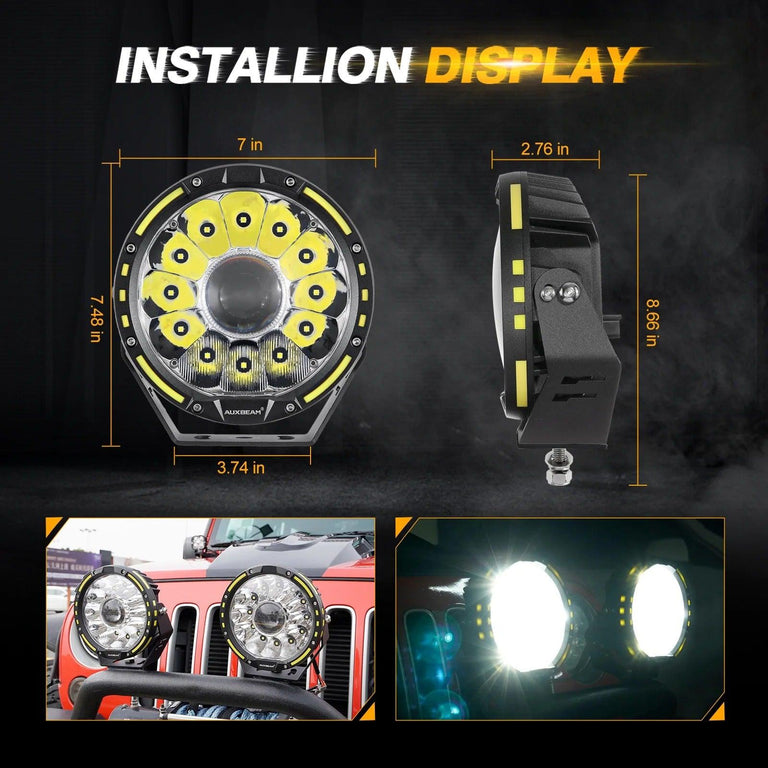 Auxbeam 7-inch 360-PRO LED light dimensions diagram, shown on a Jeep grille and lit up at night
