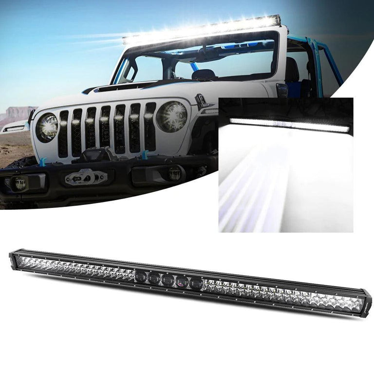 52-inch Auxbeam 5D-PRO LED light bar mounted as a roof light bar on a white Jeep