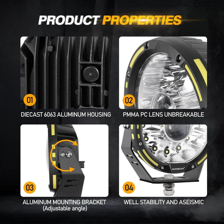 Auxbeam 360-PRO LED light properties: die-cast aluminum housing, PMMA lens, adjustable bracket