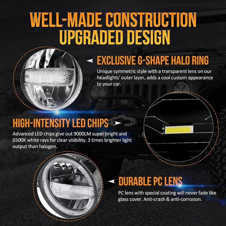 9 Inch 120W 9000 Lumens LED Headlights With Halo Ring DRL - AUXBEAM INDIA