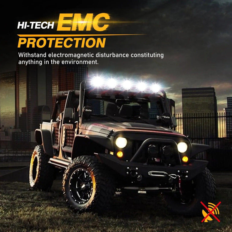 Jeep with Auxbeam 360-PRO LED lights at dusk, illustrating EMC protection against electromagnetic interference