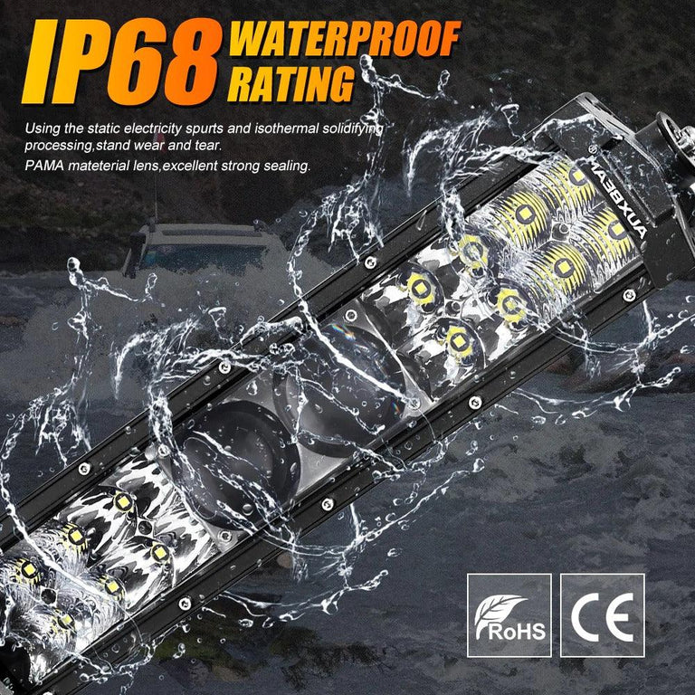 Auxbeam 5D-PRO LED light bar splashed with water, showing its IP68 waterproof rating with RoHS and CE marks